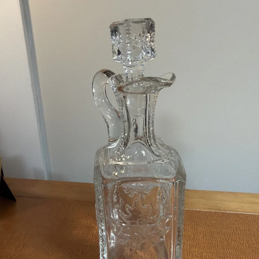 Antique EAPG Flint Glass Square Maple Leaf Decanter Pitcher Bottle Stopper 9.5